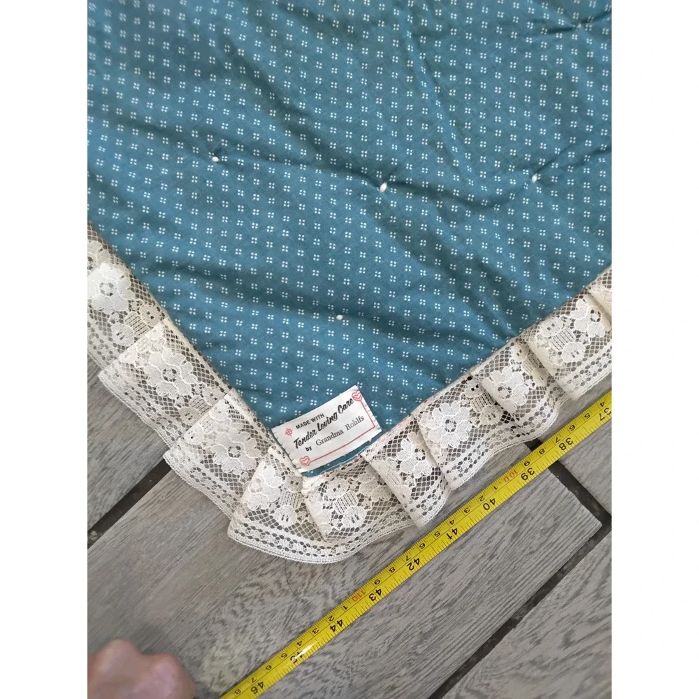 Handmade Vintage Teddy‎ Bear Quilted Baby Blanket Lace Trim Teal Peach 46x58